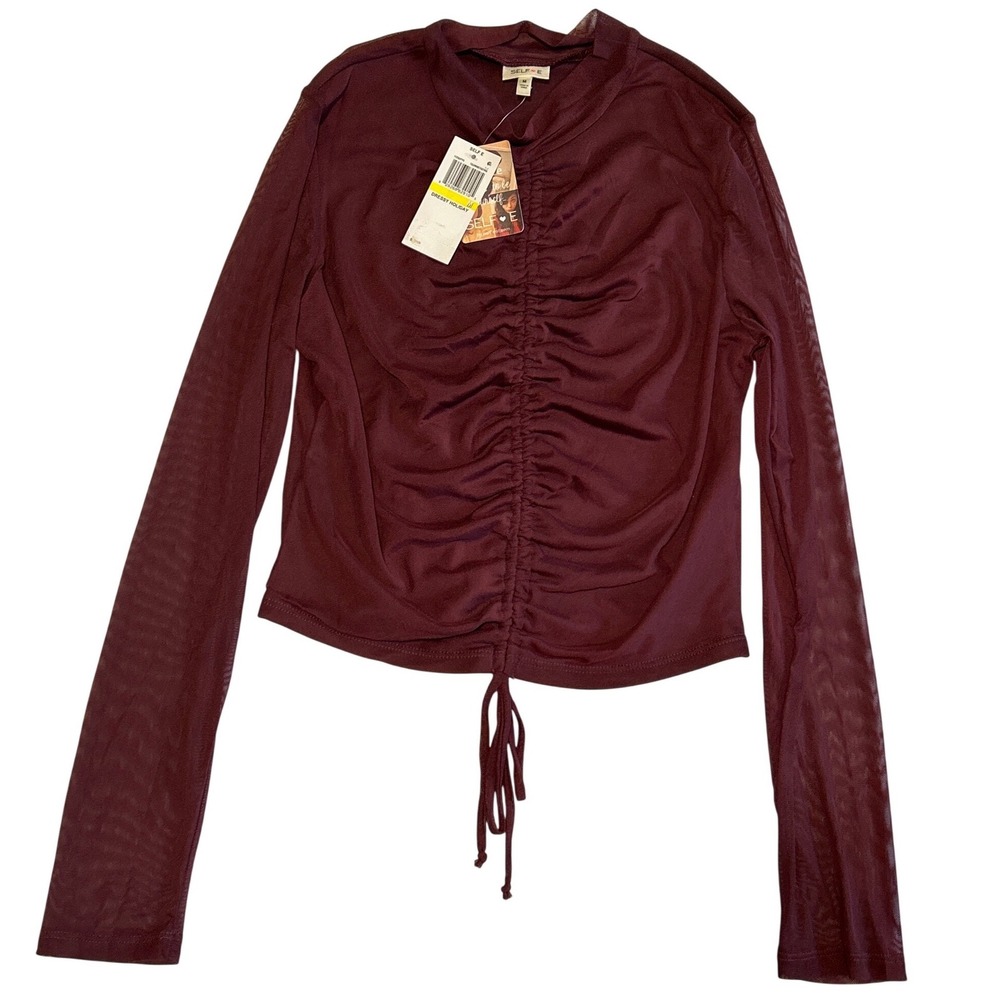 Self E by Self Esteem Womens Mesh Ruched Front Mock Neck Top Burgundy Medium NWT